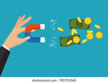 Human hand holding a magnet. Concept of attracting investments. Money, business, success magnet. Flat design, vector illustration
