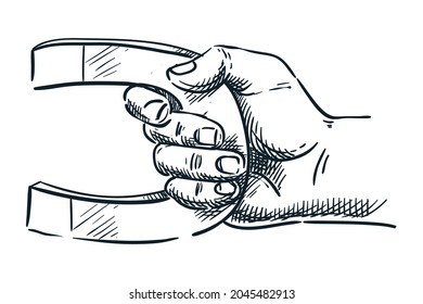 Mano humana sosteniendo imán. Ilustración de esbozo dibujada a mano por vectores. Icono de garabato, aislado en fondo blanco. Resumen de negocios, atracción de marketing o concepto científico