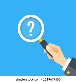Human hand holding magnifying glass with question mark. Problem, analysis, issue, solution concepts. Flat design graphic elements. Vector illustration isolated on blue background