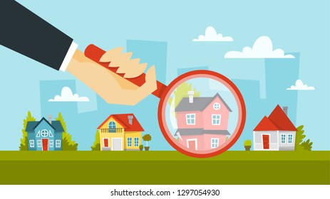 Human hand holding magnifying glass and choose house. Real estate concept. Apartment selection. Isolated vector illustration