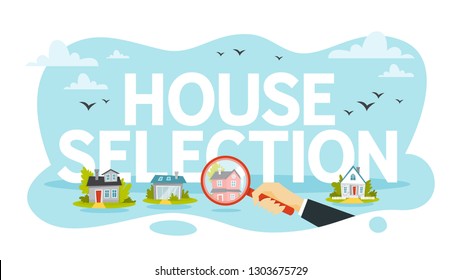 Human hand holding magnifying glass and choose house. Real estate concept. Apartment selection. Isolated vector illustration