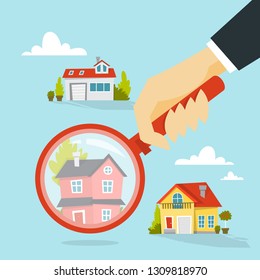 Human hand holding magnifying glass and choose house. Real estate concept. Apartment selection. Isolated vector illustration
