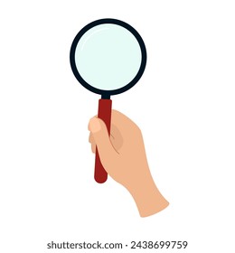 Human hand holding magnifying glass. Analysis, exploration, zoom, scrutiny, audit, inspection concepts. Vector illustration on a white background.