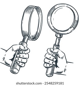 Human hand holding magnifying glass. Vector hand drawn sketch illustration. Searching, research, analyzing concept. Business exploration doodle icon, isolated on white background