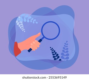 Human hand holding magnifying glass to search and find data. Work of person looking through loupe, inspecting information and ideas flat vector illustration. Scientific research, discovery concept