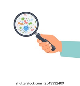 Human hand holding magnifying, researching germs, bacteria or viruses. Vector Illustration - Powered by Shutterstock - Get 15% off with code: PIKWIZARD15