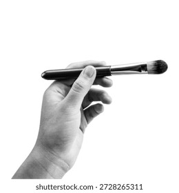 Human hand holding a makeup brush. Minimal monochrome halftone illustration symbolizing beauty, cosmetics, makeup application, skincare routine, artistry, and personal care on white background.