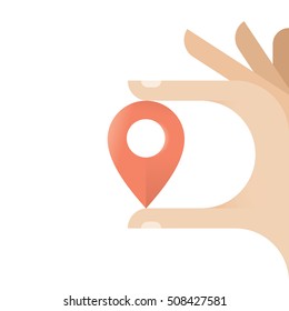 Human hand holding map pin pointer symbol. Idea - navigation services and GPS.