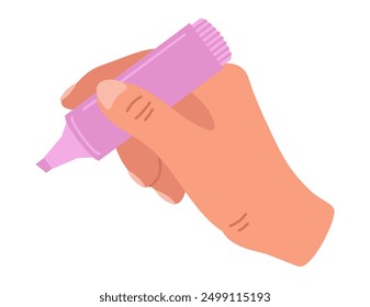 Human hand holding marker, drawing, highlighting. Isolated vector cartoon linear doodle illustration