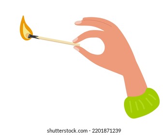 Human Hand Holding Match Stick Burning With Fire Flame Isolated On White Background. Man Or Woman Going Is To Set Something On Fire. Wooden Match With Fire. Flat Vector Illustration