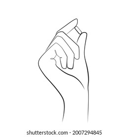 Human Hand Holding Medical Pill Capsule With Fingers Line Drawing On White Isolated Background