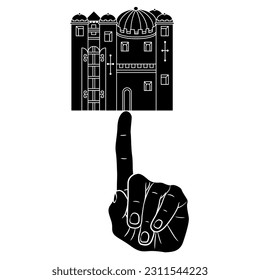 Human hand holding medieval castle on fingertip. Funny architectural design. Black and white silhouette.