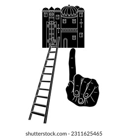 Human hand holding medieval castle on fingertip and a stepladder leading to it. Funny architectural design. Black and white silhouette.
