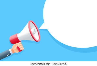 Human hand holding megaphone with bubble for social media marketing concept.