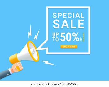 Human hand holding megaphone with bubble for special sale marketing concept.