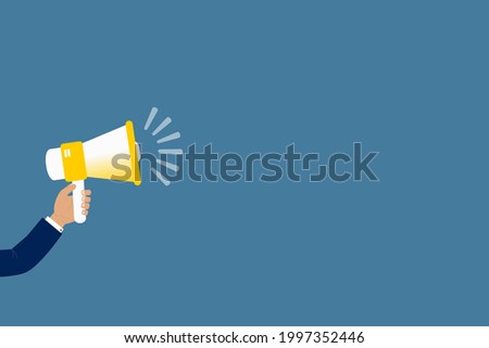 Human hand holding megaphone flat vector illustration. Business, marketing, social media, promotion, news, press concept. Blue background.