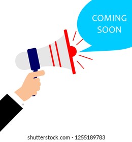Human hand holding megaphone. Social media marketing. Vector illustration in flat design. Sign for the coming soon.
