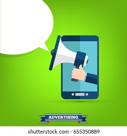 Human hand holding megaphone. social media marketing concept. vector illustration in flat design on green background