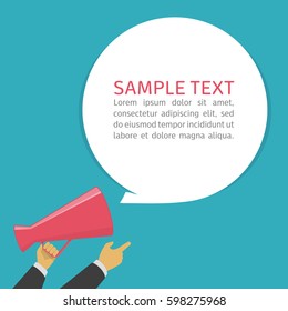 Human hand holding megaphone with speech bubble for your text. Vector illustration in modern flat style. Social media, promotion or marketing concept. EPS 10.