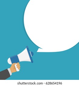 Human hand holding megaphone with speech bubble, on colored background. Loudspeaker in businessman Hands. Social media, promotion or marketing concept. Vector illustration in modern flat style. 