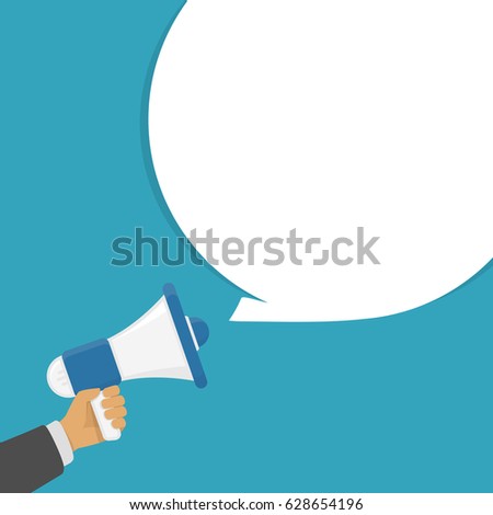 Human hand holding megaphone with speech bubble, on colored background. Loudspeaker in businessman Hands. Social media, promotion or marketing concept. Vector illustration in modern flat style. 