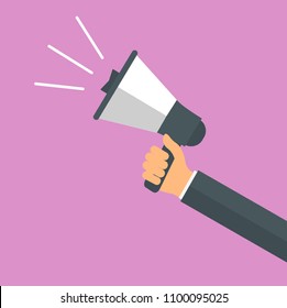 Human hand holding megaphone vector illustration in modern flat style. Social media, promotion or marketing concept.