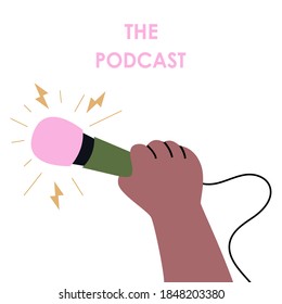 Human hand holding a microphone. Breaking news or podcast concept. Flat vector illustration