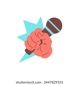 Human hand holding microphone in fist public speaking concept icon vector flat illustration. Cartoon male arm with mic musical karaoke singing loud talking performance show live festival concert