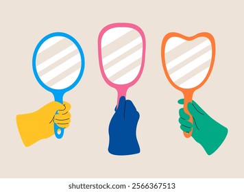 Human hand holding mirror different. Colorful vector illustration

