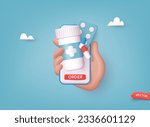 Human hand holding mobile phone for medicine online payment. Home delivery pharmacy service. 3D Web Vector Illustration.