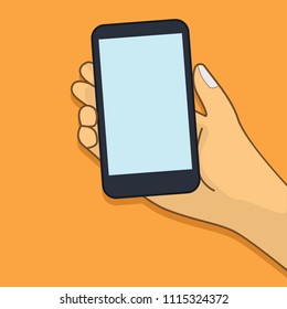 human hand  holding mobile phone. vector illustration