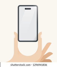 Human hand holding mobile phone with new generation display type monobrow and frontal camera hole. With blank screen for your text. Idea - new screen technologies in cellphones, trends, innovations.