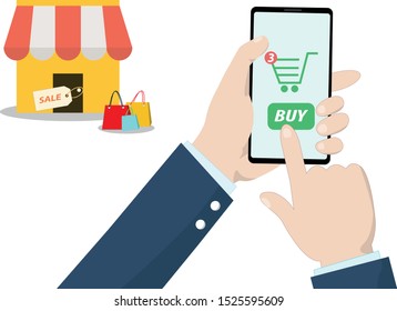 Human hand holding mobile phone for shopping online ,shopping online application, Digital marketing