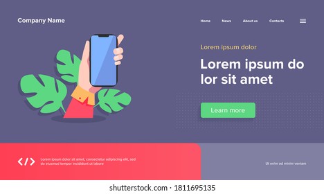 Human hand holding mobile phone. Person using apps on smartphone flat vector illustration. Technology concept for banner, website design or landing web page