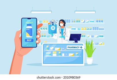Human hand holding mobile phone for medicine online payment. Home delivery pharmacy service. Pharmacist hold paper bag with pills bottle, medicines, drugs, thermometer inside. Vector illustration