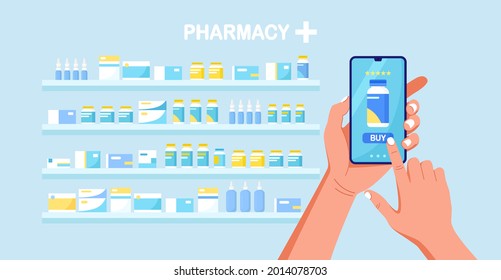 Human hand holding mobile phone for medicine online payment. Online pharmacy shopping. Medical assistance, health care concept. Vector illustration