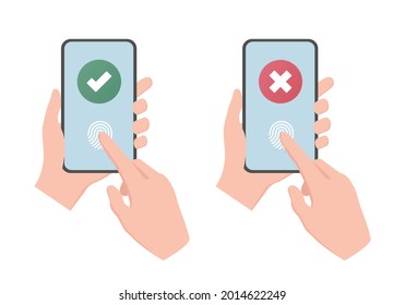 Human hand holding mobile phone. Colored vector flat illustration. Isolated on white background.