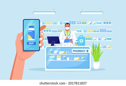 Human hand holding mobile phone for medicine online payment. Home delivery pharmacy service. Pharmacist with paper bag with pills bottle, medicines, drugs, thermometer inside. Vector illustration