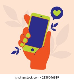 Human hand holding mobile phone. Flat vector illustration