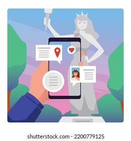 Human hand holding mobile phone with information about monument on screen flat style, vector illustration isolated on white background. Augmented reality, modern technologies