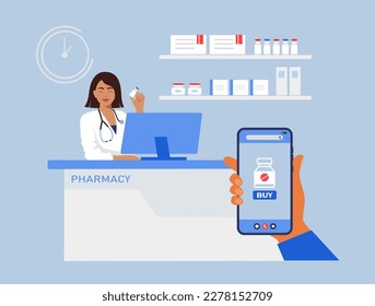 Human hand holding mobile phone for medicine online payment. Home delivery pharmacy service. Pharmacy, woman consultant sells medicines and advises