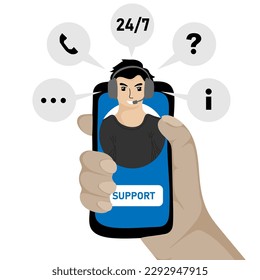 Human hand holding mobile phone with Customer support operator on screen. Concept of support, call center, hotline. Vector illustration