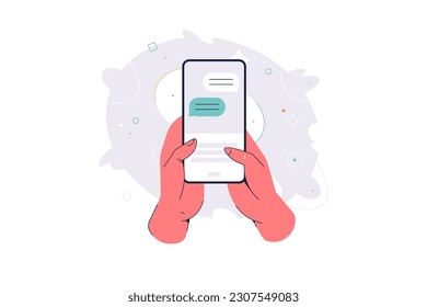 Human hand holding mobile phone with text messages. Person touching screen with chat conversation flat vector illustration. Phone communication concept for banner, website or landing web page