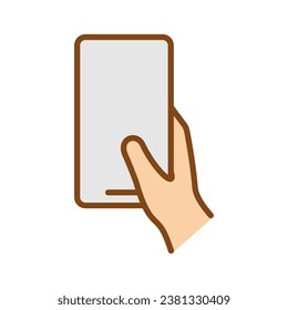 Human hand holding mobile phone icon. Hand holding smartphone. Vector illustration