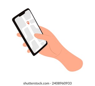Human hand holding mobile phone with map app, navigation and GPS. Smartphone with location app, position pointer. Searching route on map using cellphone or mobile phone.Vector illustration isolated