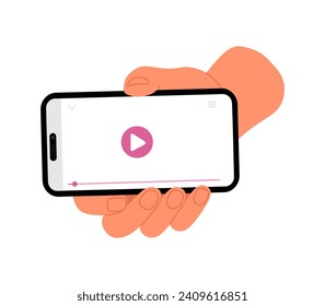 Human hand holding mobile phone, shows smartphone in horizontal view on screen video application for watching movies. Playing film online on cellphone. App for player video. Flat vector illustration