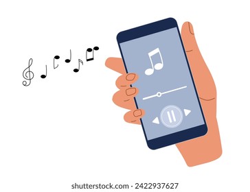 Human Hand holding mobile phone with music or Podcast isolated on white. Music player app on mobile phone flat vector illustration isolated on white. Music sign on screen Smartphone apps concept.