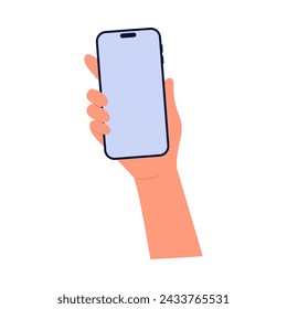 Human hand holding mobile phone with blank screen vector illustration