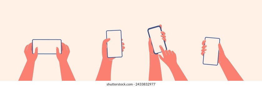 Mano humana sosteniendo el teléfono móvil horizontalmente y verticalmente con ilustración de pantalla en blanco. La mano de la mujer toca la pantalla del teléfono inteligente con ilustración de dibujos animados del vector del pulgar establecido en estilo plano aislado. 