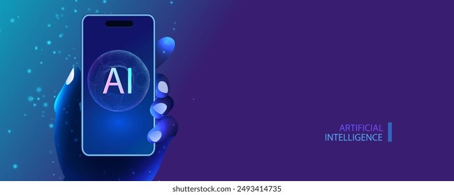 Human hand holding mobile phone with ai symbol on modern blue screen. Smartphone technology banner. Artificial Intelligence futuristic connect vector background.